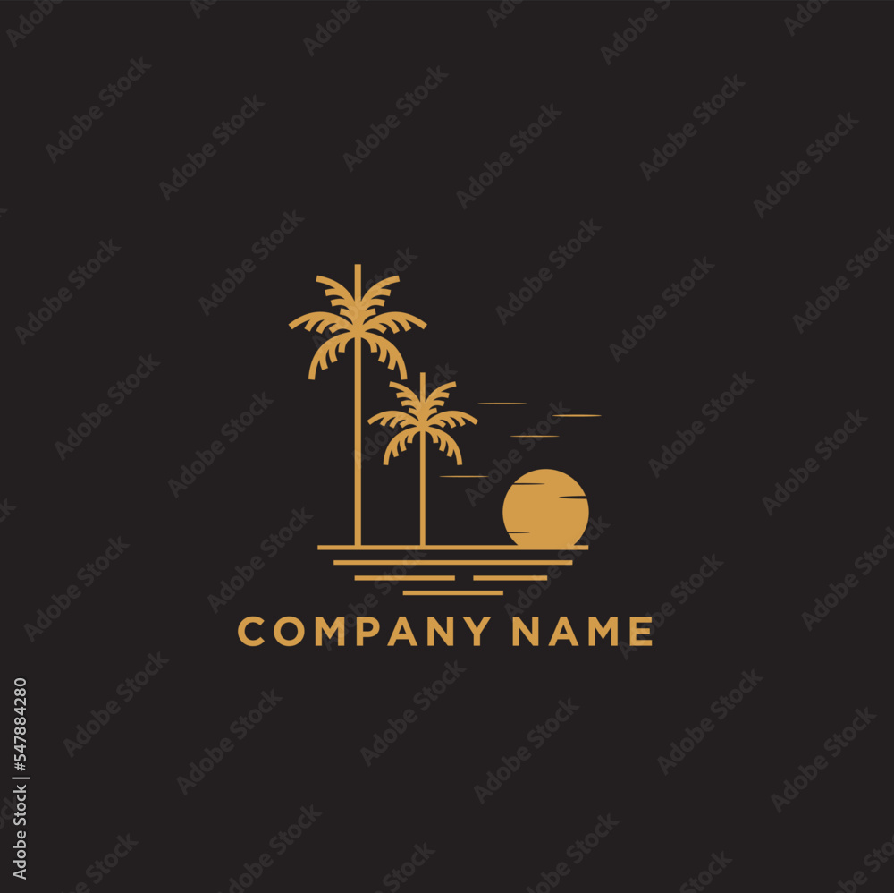 beach and island line logo design, vector monogram design of circular beach icons, with gold colour.