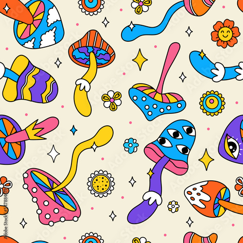 Seamless pattern with hallucinogenic mushrooms. Drawings in the style of doodle hippies. Retro for fabric, paper