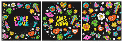 A set of retro hippie style templates. Vintage frames and seamless pattern for the background. Funny and childish