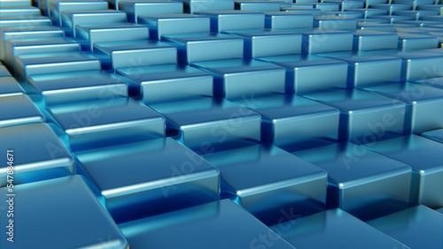 Digital cubic abstract background of blue color, metal squares, reflection, digital space. 3d render