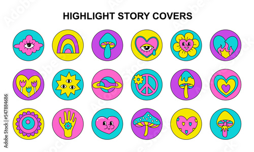 A set of highlights story covers. Templates for bloggers. 18 bright icons in the hippie style. Funny icons
