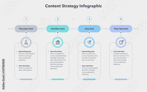 Content strategy template with four stages and place for your text. Flat infographic design with minimalistic icons.