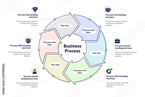 Business process cycle template with six steps. Easy to use for your website or presentation.