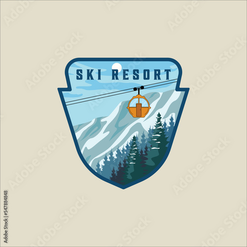 cable car ski resort emblem logo vector illustration template graphic design. gondola transportation at snow mountain in winter banner for travel or tourism business