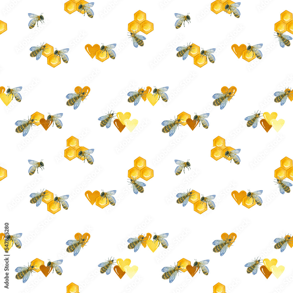 Watercolor pattern with honeycomb, yellow hearts and bees on a white background. For the design. Watercolor pattern with honeycomb, yellow hearts and bees on a white background. For the design.