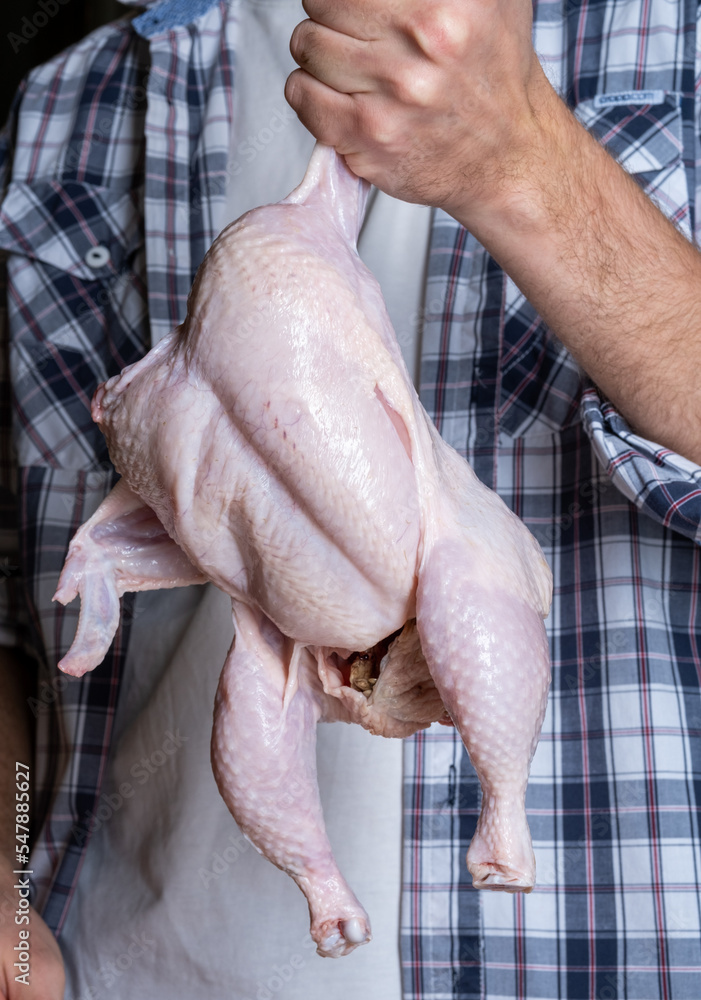 Fototapeta premium A male cook cuts fresh homemade chicken on a wooden board. Butchering the chicken in part breast, wings, legs.
