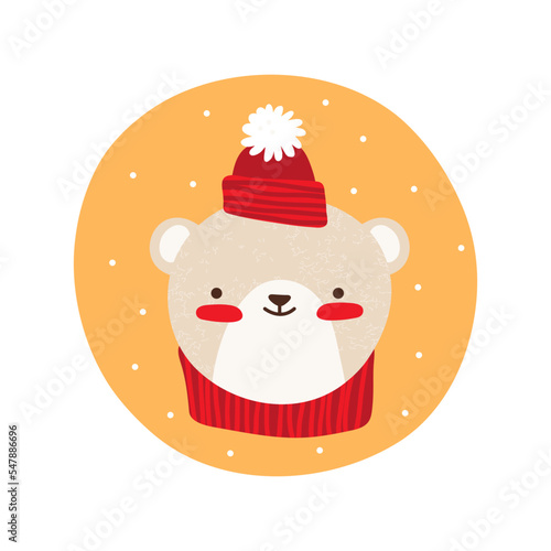 Smiling face a teddy bear for Christmas and New year. Cartoon cute little bear character in winter hat and scarf. Funny wild animal isolated on white background. Childish colorful vector illustration.