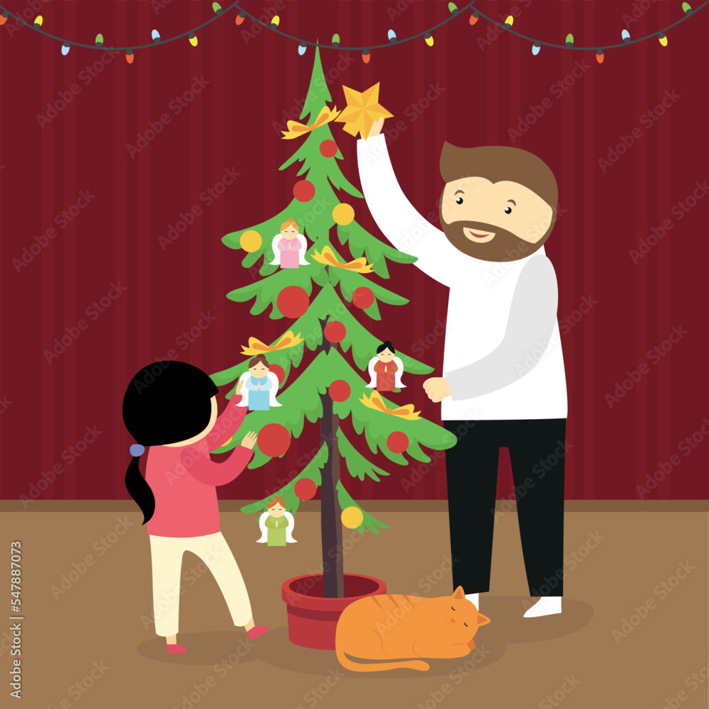 Father and daughter decorate the Christmas tree Father and daughter decorate the Christmas tree