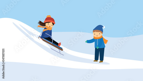 The girl goes down the hill on a sled. The boy is waiting for her downstairs