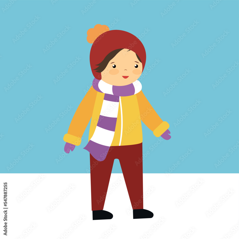 boy in warm clothes walking in winter