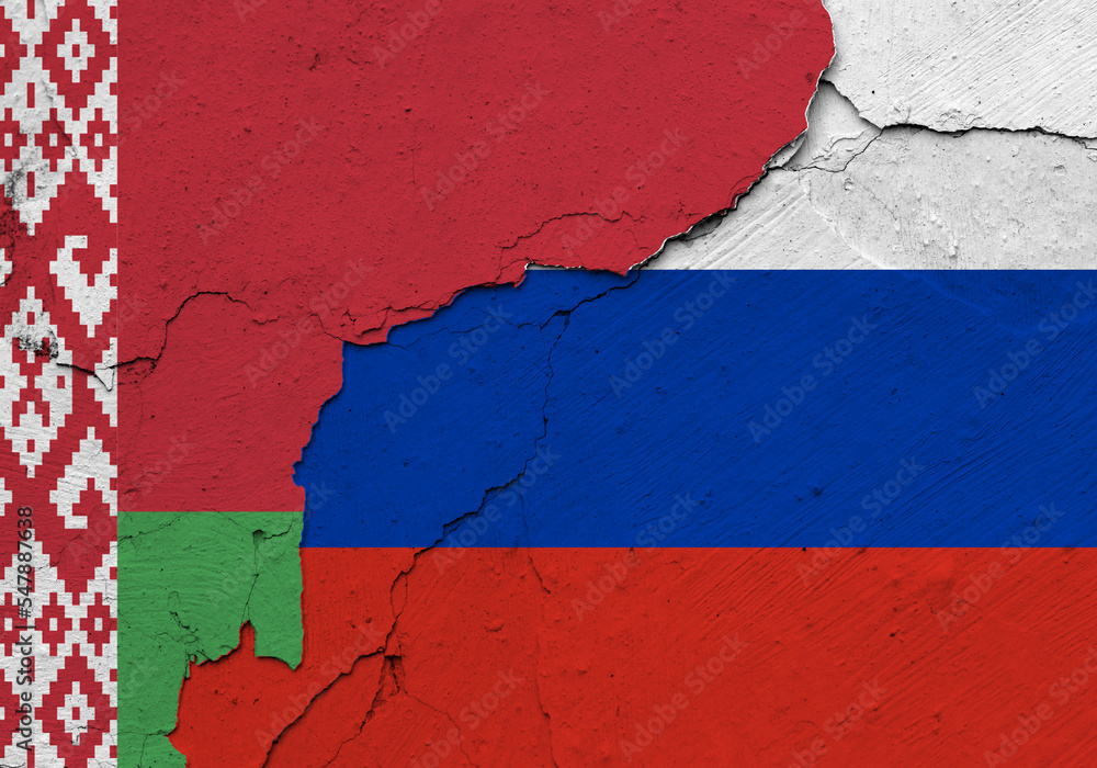 Russia and Belarus flags. International relations.