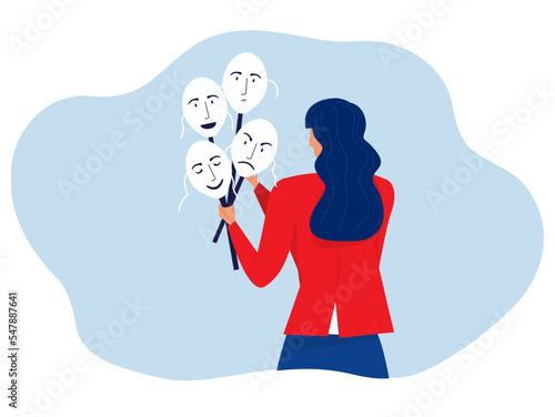 imposter syndrome, Girls select on carnival masks with happy or sad expressions concept vector illustrator
