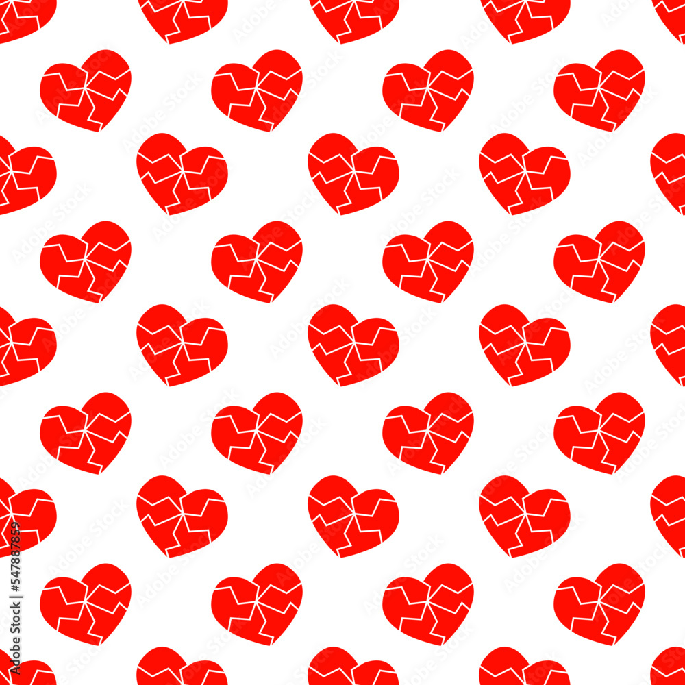Red cracked heart icons seamless pattern. Symbol of heartbreak, divorce, parting, heart disease, infarct background. Vector flat illustration. Red cracked heart icons seamless pattern. Symbol of heartbreak, divorce, parting, heart disease, infarct background. Vector flat illustration.