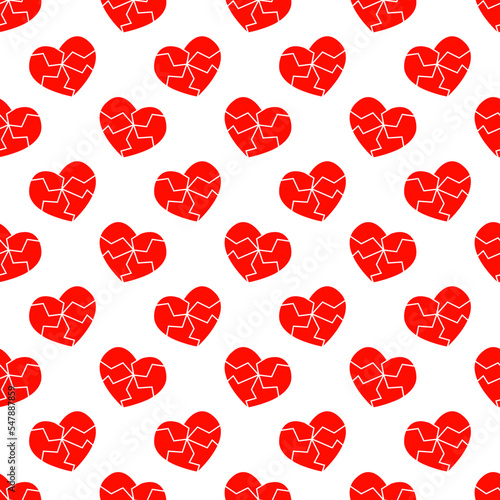 Red cracked heart icons seamless pattern. Symbol of heartbreak, divorce, parting, heart disease, infarct background. Vector flat illustration.