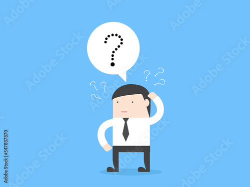Businessman don’t understand with question mark in speech bubble sign. Concept of bad communicate, office problem, talking confused, explain not clear. cartoon illustration.