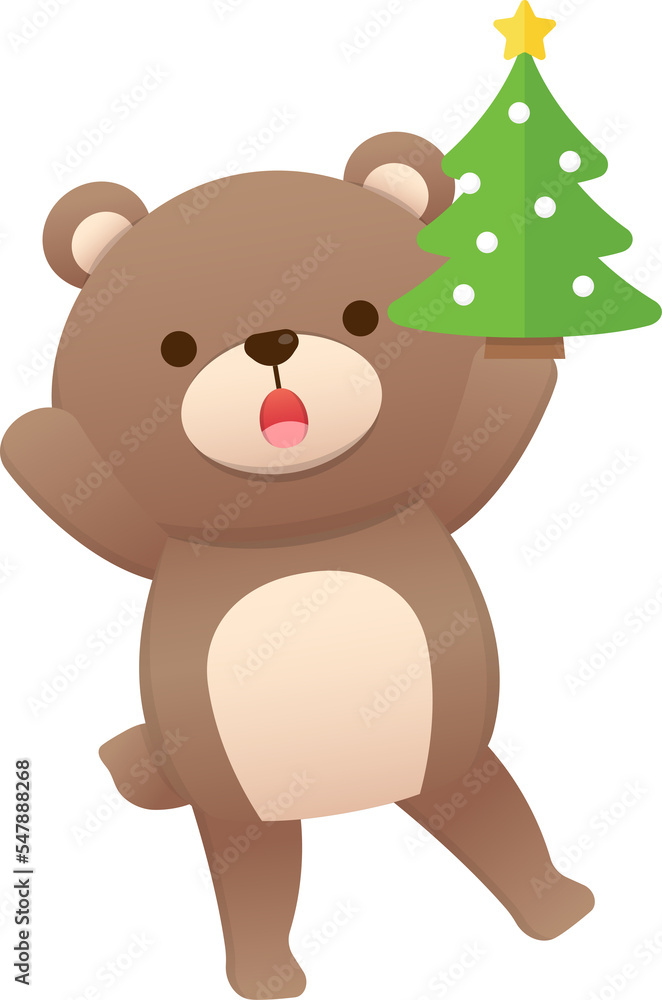 Cute baby bear character mascot with christmas tree, celebrating christmas, vector cartoon style Cute baby bear character mascot with christmas tree, celebrating christmas, vector cartoon style