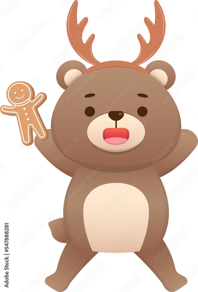 Obraz premium Cute baby bear character mascot with antlers dressed up with headband with gingerbread man, celebrating christmas, vector cartoon style