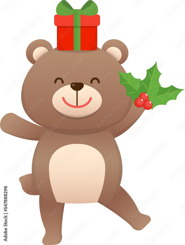 Cute baby bear character mascot with christmas tree, celebrating christmas, vector cartoon style Cute baby bear character mascot with christmas tree, celebrating christmas, vector cartoon style