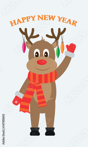 Illustration of a cute deer with New Year's attributes with boots and mittens on the horns Christmas toys with a wish for a happy new year.