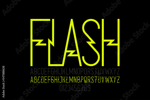 Lightning flash style font, alphabet letters and numbers vector illustration