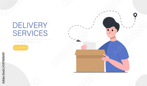 Delivery service landing page template. Happy young man opening a parcel. Vector illustration.