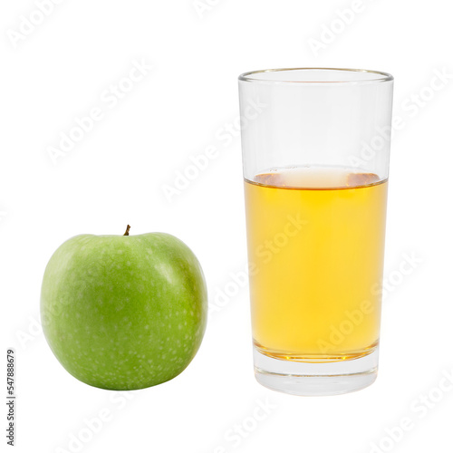 Glass of apple juice and green apple fruit isolated on a white background