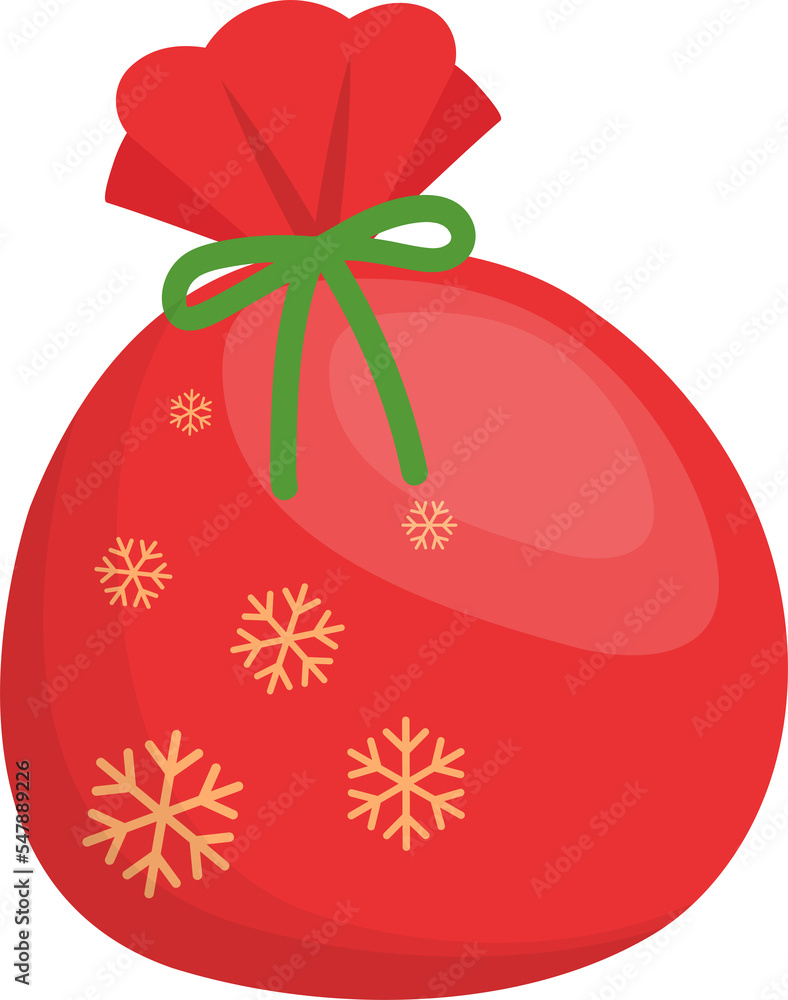 Red christmas present bag with green ribbon, snowflake pattern, vector cartoon style Red christmas present bag with green ribbon, snowflake pattern, vector cartoon style