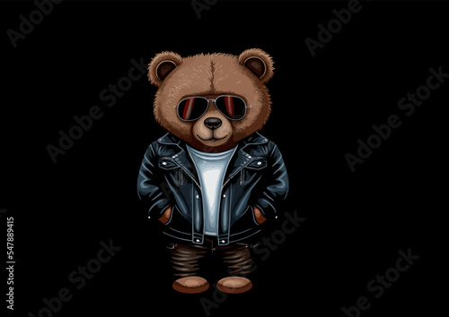 Bear in a leather jacket and sunglasses isolated on a white background. Vector illustration