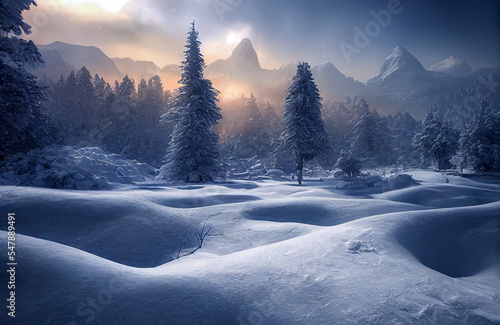 winter landscape with snow covered trees generative ai illustration