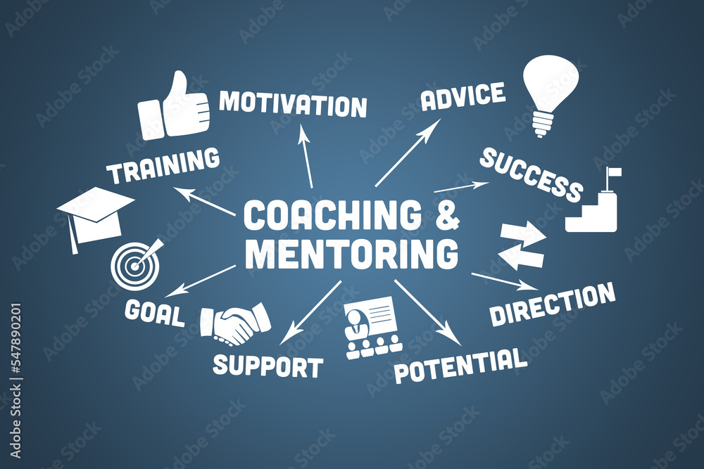 Coaching and Mentoring Concept. Chart with keywords and icons on blue background. Illustration