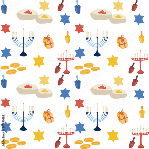 Hanukkah pattern with menorah donuts and money