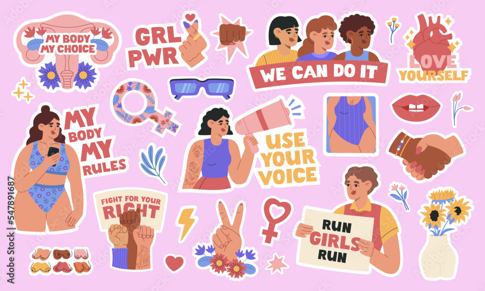 Set of feminist and body positive stickers with motivation quotes. Women empowerment, self acceptance, gender equality. Hand drawn vector illustration isolated on pink background. Flat cartoon style - obrazy, fototapety, plakaty 
