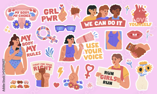 Set of feminist and body positive stickers with motivation quotes. Women empowerment, self acceptance, gender equality. Hand drawn vector illustration isolated on pink background. Flat cartoon style photo