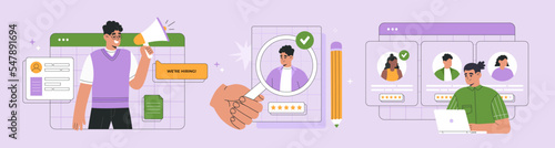Hiring, recruiting agency vector illustration set. Hr managers team searching new job candidates, analyzing CV, resume. Human resource management process. Hand drawn, modern flat cartoon style