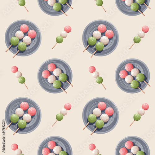 Seamless pattern with colorful Sweet dango on the plate. Japanese food, healthy eating, cooking, menu, sweet food, dessert concept. Vector illustration.