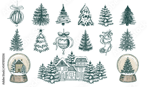 Christmas tree set, Christmas ball set. Hand drawn illustration.