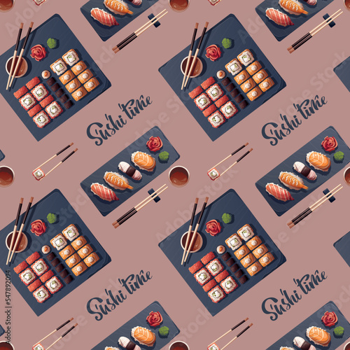 Seamless pattern with sushi and Sushi rolls. Japanese food, healthy eating, cooking, menu, nutrition concept. Vector illustration. 