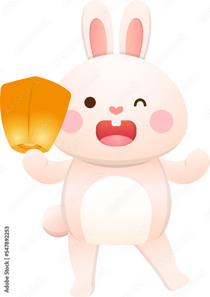 Cute bunny or bunny character or mascot, orange lantern or sky lantern, traditional Chinese New Year or Mid-Autumn Festival Cute bunny or bunny character or mascot, orange lantern or sky lantern, traditional Chinese New Year or Mid-Autumn Festival