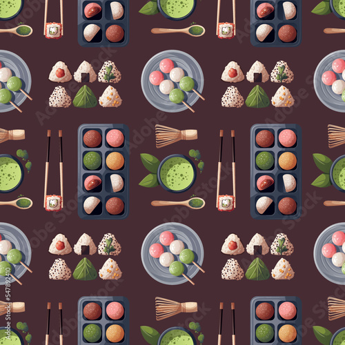 Seamless pattern with colorful Sweet Mochi, dango, matcha tea, onigiri. Japanese food, healthy eating, cooking, menu, sweet food, dessert concept. Vector illustration. 