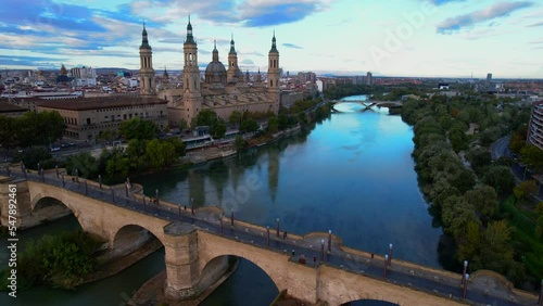 Aerial view just after sunrise of the beautiful city of Zaragoza and the Basílica de Nuestra Señora del Pilar photo