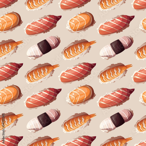 Seamless pattern with Variety of Sushi. Japanese food, healthy eating, cooking, menu, nutrition concept. Vector illustration. 