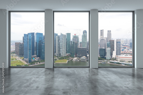Empty room Interior Skyscrapers View. Downtown Singapore City Skyline Buildings from High Rise Window. Beautiful Expensive Real Estate overlooking. Day time. 3d rendering. © VideoFlow