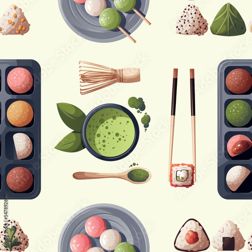Seamless pattern with colorful Sweet Mochi, dango, matcha tea, onigiri. Japanese food, healthy eating, cooking, menu, sweet food, dessert concept. Vector illustration. 