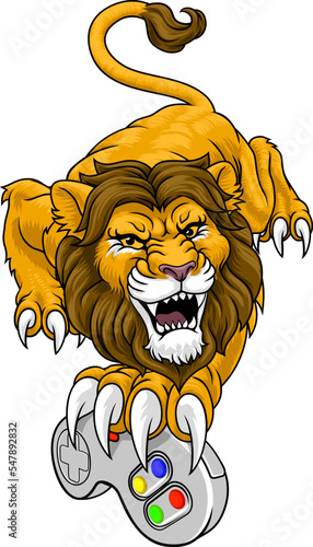 A lion gamer with video game controller sports team animal mascot