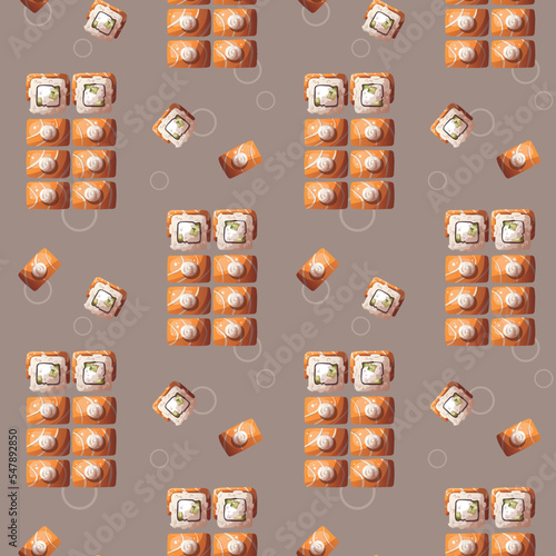 Seamless pattern with Sushi. Japanese food, healthy eating, cooking, menu, nutrition concept. Vector illustration. 
