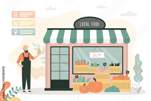 Businessman or seller presenting local organic food shop. Owner near small farm food store. Agricultural products on storefront. Grocery, vegetables and fruits in marketplace.