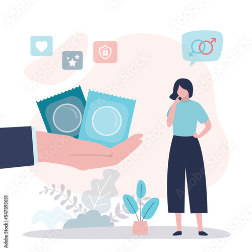 Cute woman thinks about sex and contraception. Protection against unwanted pregnancy. Big hand gives condoms. Safe sex, respect for sexual partner. Health care concept.