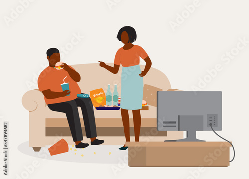 Overweight Black Husband Get Scolded By His Mad Wife For Eating Unhealthy Food While Keep Watching TV Non Stop. Couch Potato. Full Length. Flat Design Style, Character, Cartoon.