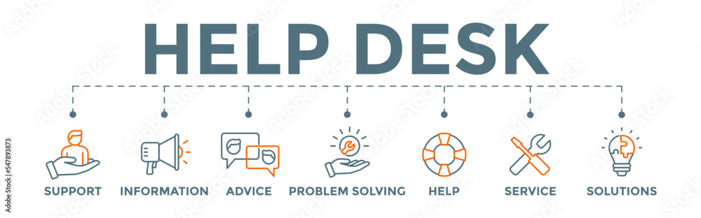 Help desk icon banner web illustration with support, information, advice, problem solving, help, service and solutions icons Help desk icon banner web illustration with support, information, advice, problem solving, help, service and solutions icons
