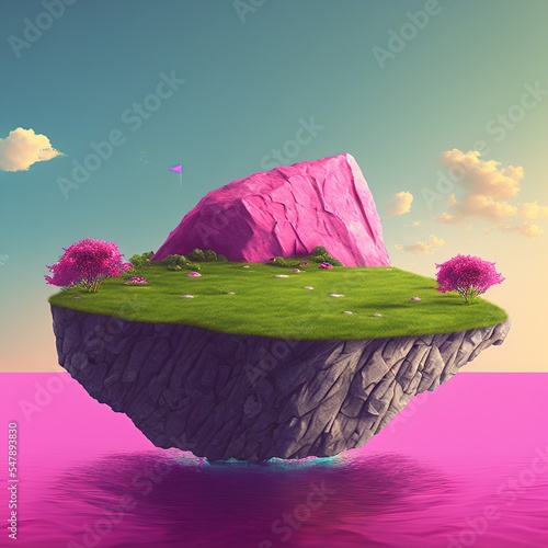 3d floating rock island  with sky and clouds isolated on surrel pink background. generative ai photo